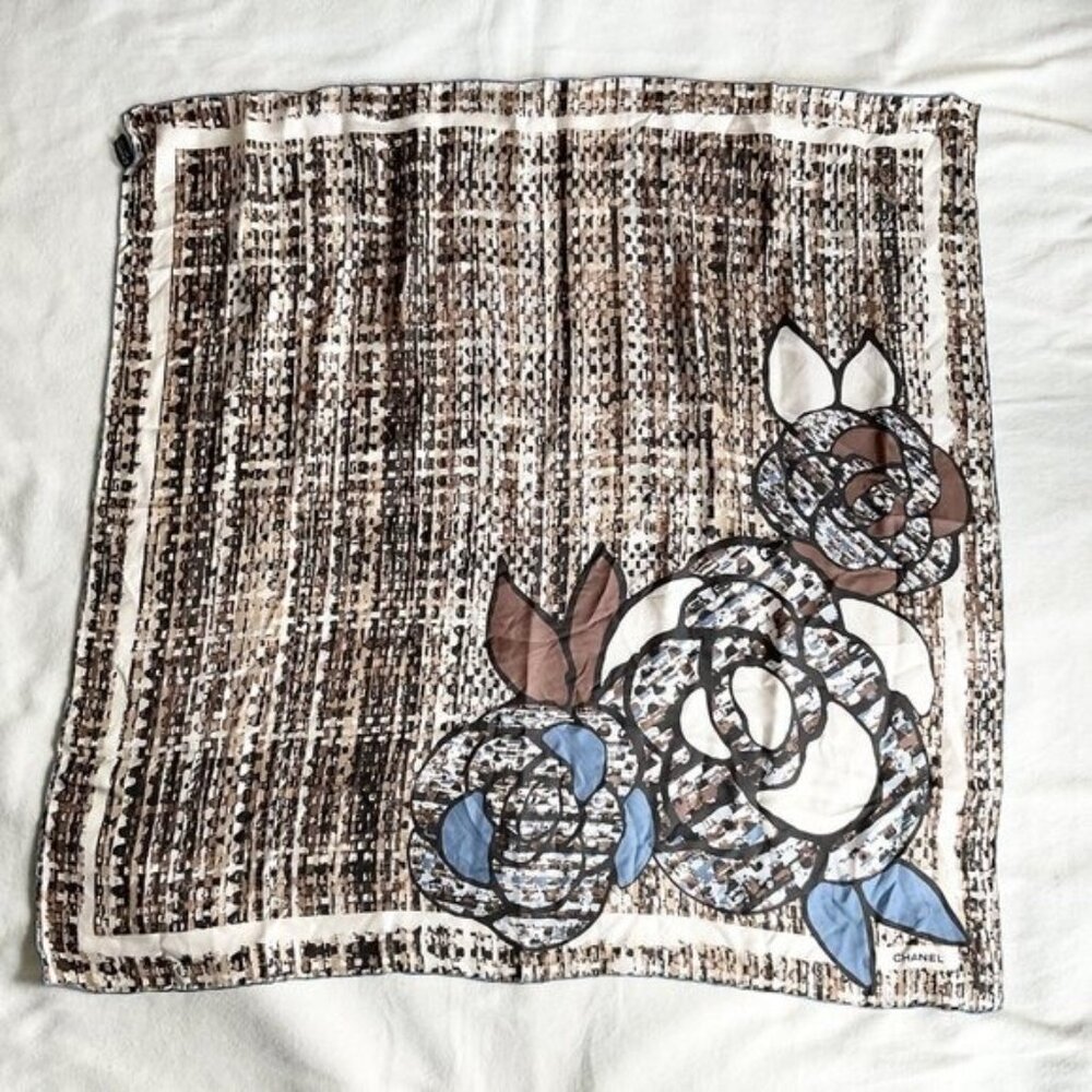 NWT Chanel 85 by 84 cm silk square scarf print tweed image brown blue Camellia